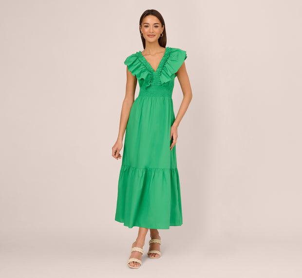 Aidan Mattox Ruffled Maxi Dress With Shirred Details In Green