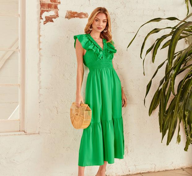 aidan mattox Ruffled Maxi Dress With Shirred Details In Green
