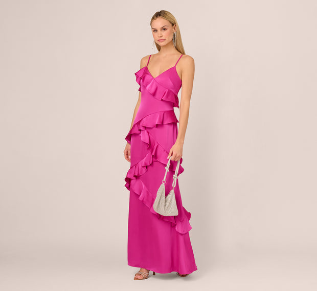 Aidan Mattox Satin Cascade Ruffle Slip Gown In Electric Passion