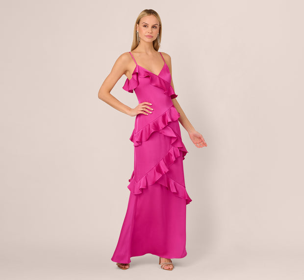 Aidan Mattox Satin Cascade Ruffle Slip Gown In Electric Passion