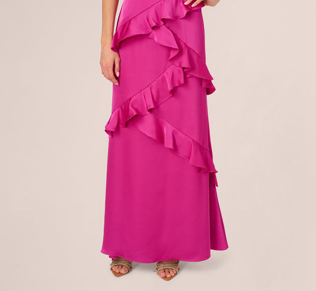 Aidan Mattox Satin Cascade Ruffle Slip Gown In Electric Passion