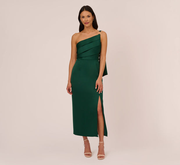 Aidan Mattox Satin Crepe One Shoulder Gown With Metal Ring Accent In Deep Forest