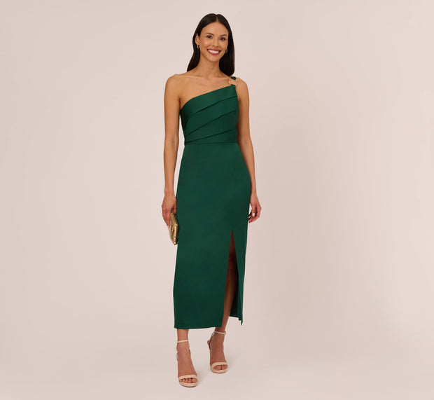 aidan mattox Satin Crepe One Shoulder Gown With Metal Ring Accent In Deep Forest