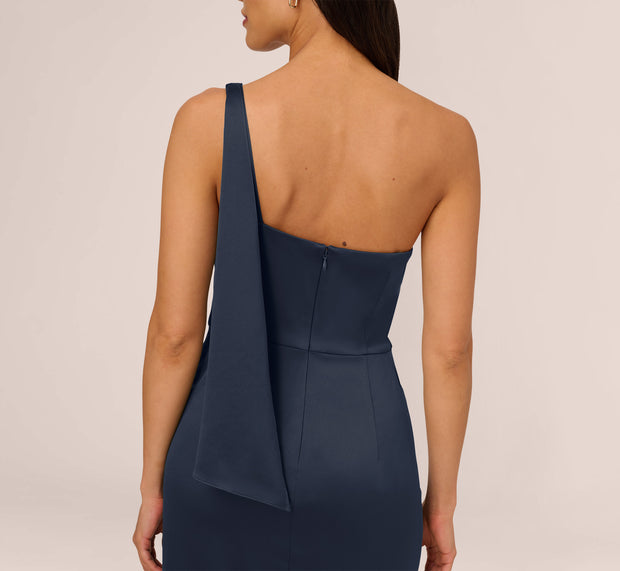 Aidan Mattox Satin Crepe One Shoulder Gown With Metal Ring Accent In Dark Navy