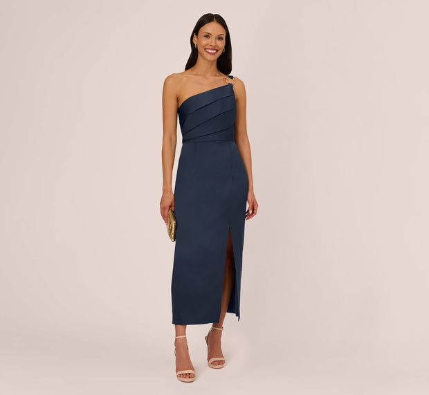 aidan mattox Satin Crepe One Shoulder Gown With Metal Ring Accent In Dark Navy