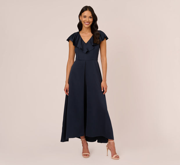 Aidan Mattox Satin Crepe Ruffled Cropped Jumpsuit In Dark Navy