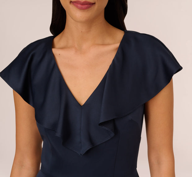 Aidan Mattox Satin Crepe Ruffled Cropped Jumpsuit In Dark Navy