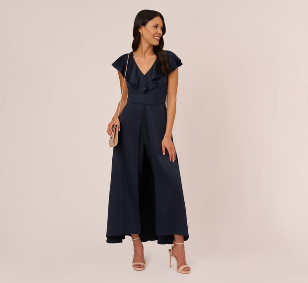 aidan mattox Satin Crepe Ruffled Cropped Jumpsuit In Dark Navy