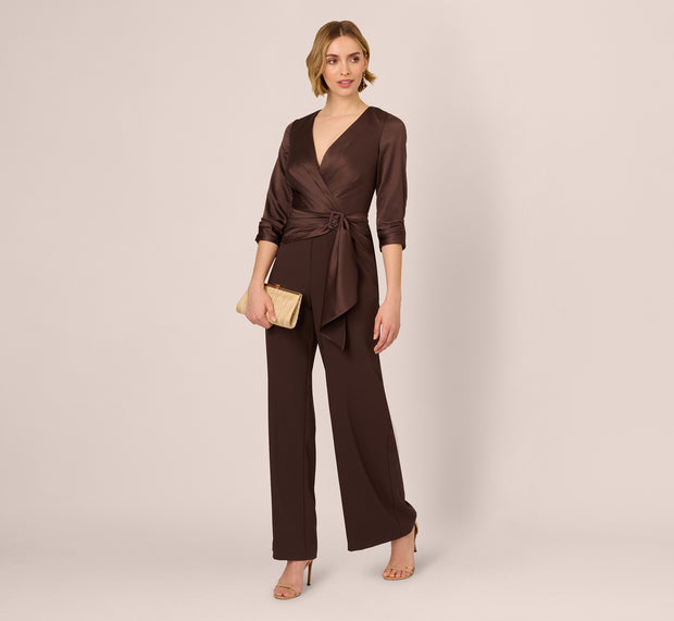 Aidan Mattox Satin Crepe Three Quarter Sleeve Jumpsuit With Buckle Waist In Dark Br