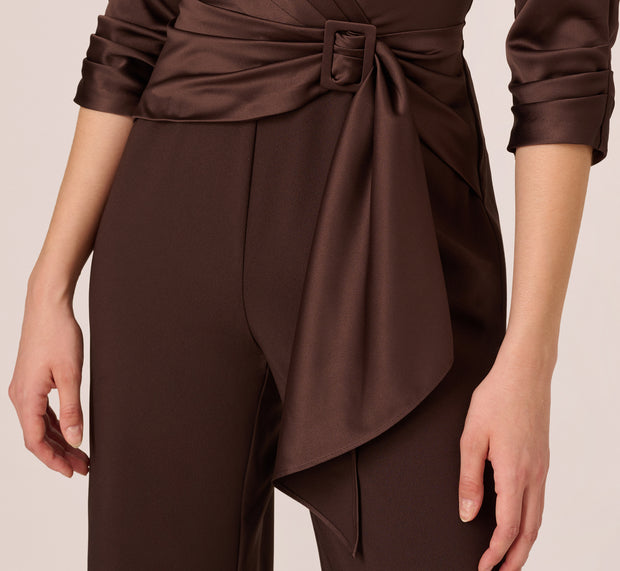 Aidan Mattox Satin Crepe Three Quarter Sleeve Jumpsuit With Buckle Waist In Dark Br
