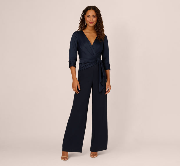 Aidan Mattox Satin Crepe Three Quarter Sleeve Jumpsuit With Buckle Waist In Dark Na