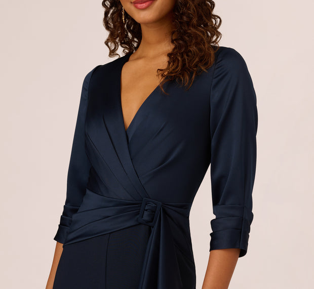 Aidan Mattox Satin Crepe Three Quarter Sleeve Jumpsuit With Buckle Waist In Dark Na