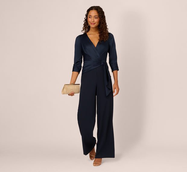 aidan mattox Satin Crepe Three Quarter Sleeve Jumpsuit With Buckle Waist In Dark Na