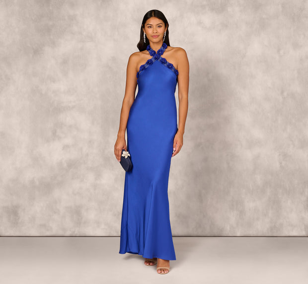 aidan mattox Satin Floral Beaded Halter Mermaid Gown In Deep Sapphire