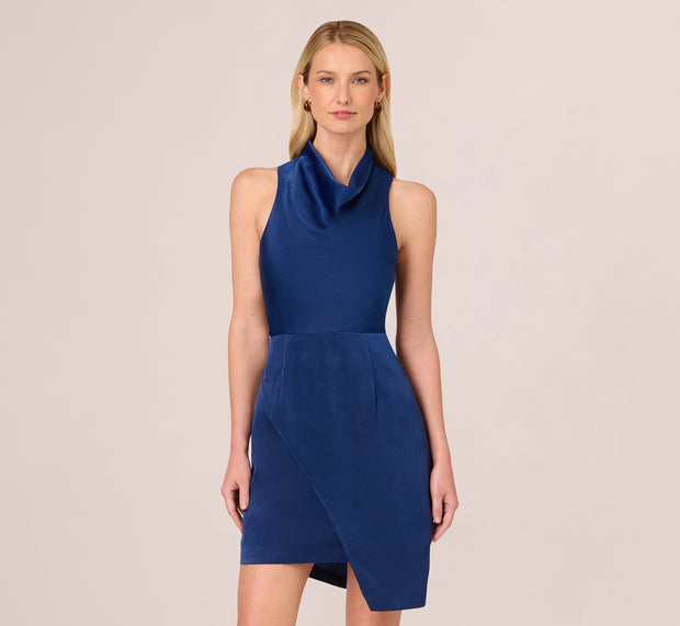 Aidan Mattox Satin Sleeveless Asymmetric Dress With Draped Neckline In Navy