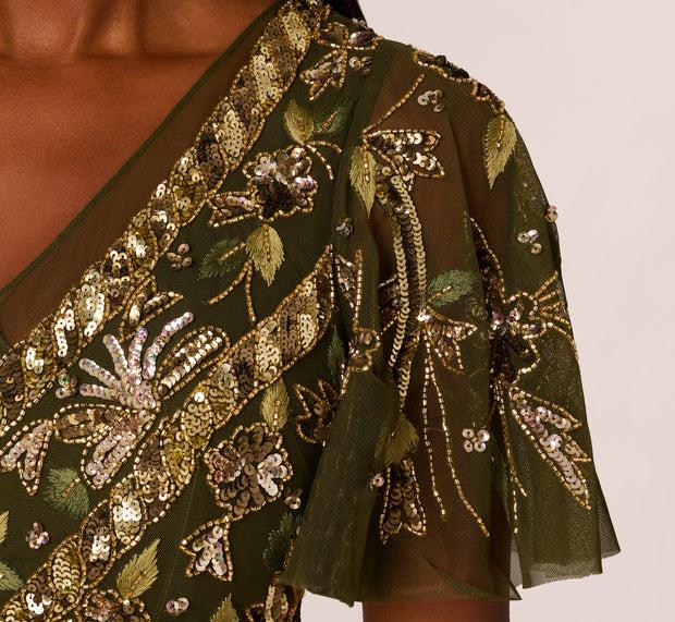 Aidan Mattox Sequin Beaded Ankle Length Dress With Flutter Sleeves In Olive