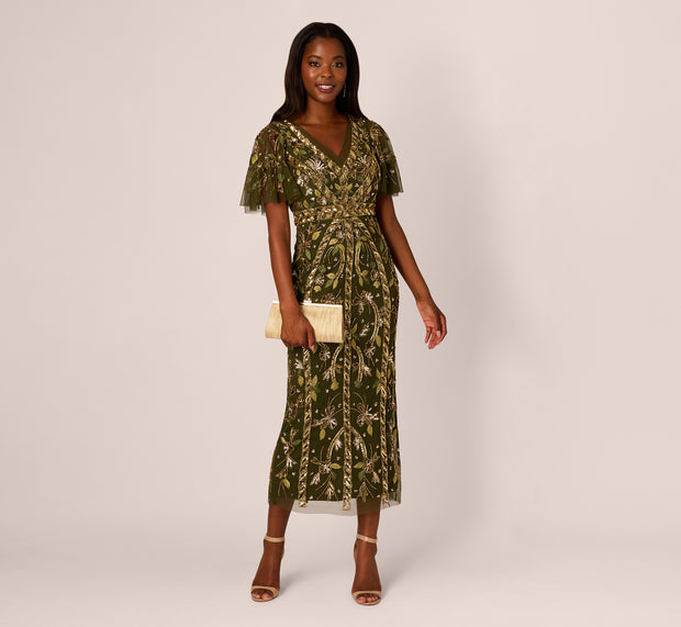aidan mattox Sequin Beaded Ankle Length Dress With Flutter Sleeves In Olive