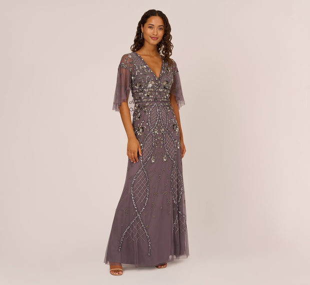 Aidan Mattox Sequin Beaded Gown With Sheer Cape Sleeves In Moonscape