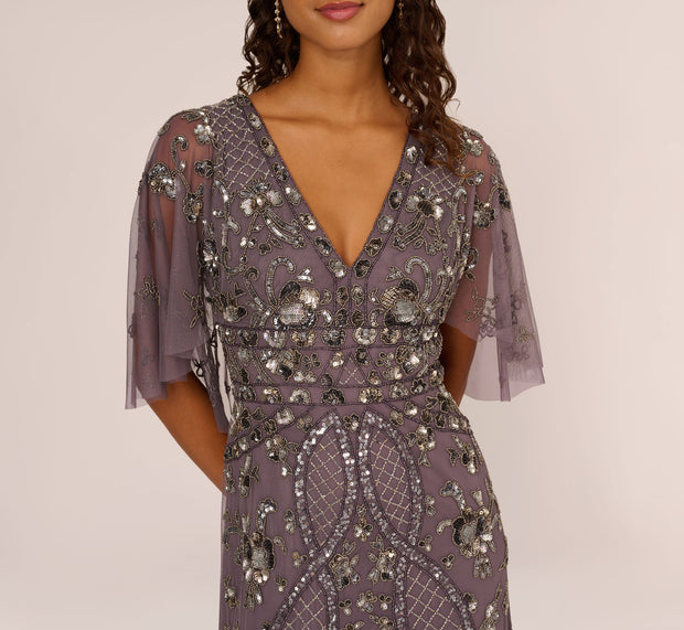 Aidan Mattox Sequin Beaded Gown With Sheer Cape Sleeves In Moonscape