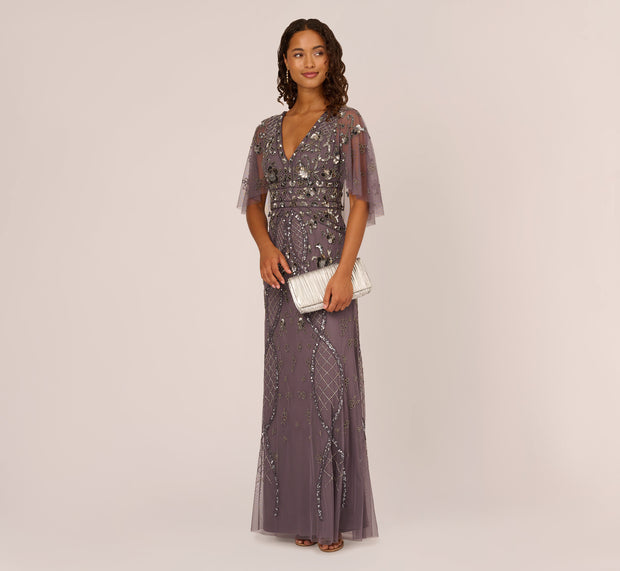 aidan mattox Sequin Beaded Gown With Sheer Cape Sleeves In Moonscape
