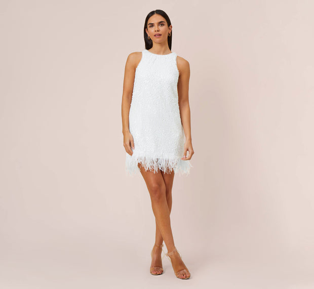 Aidan Mattox Sequined Trapeze Halter Dress With Feather Trim In Ivory