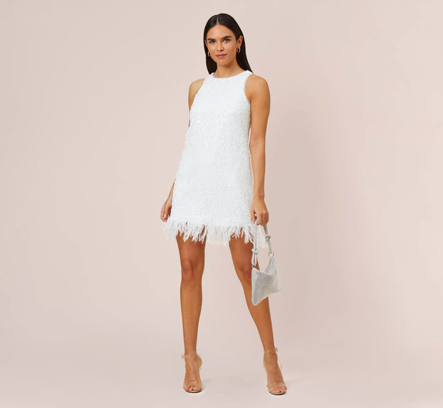aidan mattox Sequined Trapeze Halter Dress With Feather Trim In Ivory