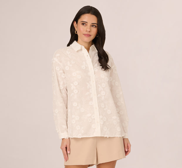 Aidan Mattox Sheer Cotton Floral Button Front Blouse In White