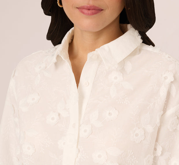 Aidan Mattox Sheer Cotton Floral Button Front Blouse In White