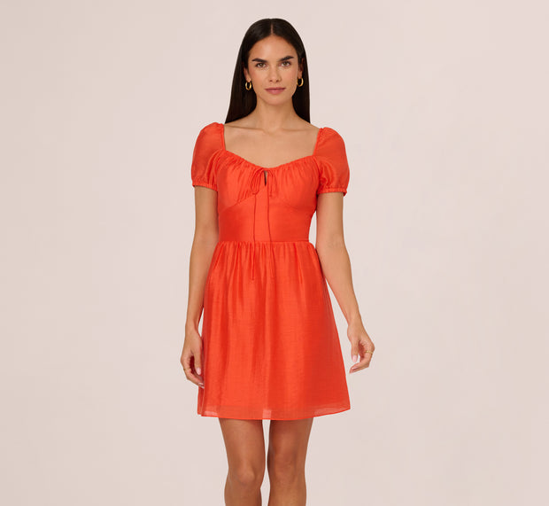 Aidan Mattox Shirred Fit And Flare Dress With Puff Short Sleeves In Orange Spice