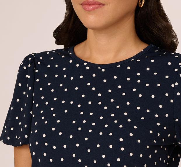 Aidan Mattox Short Bubble Sleeve Printed Top In Navy Disperse Dot