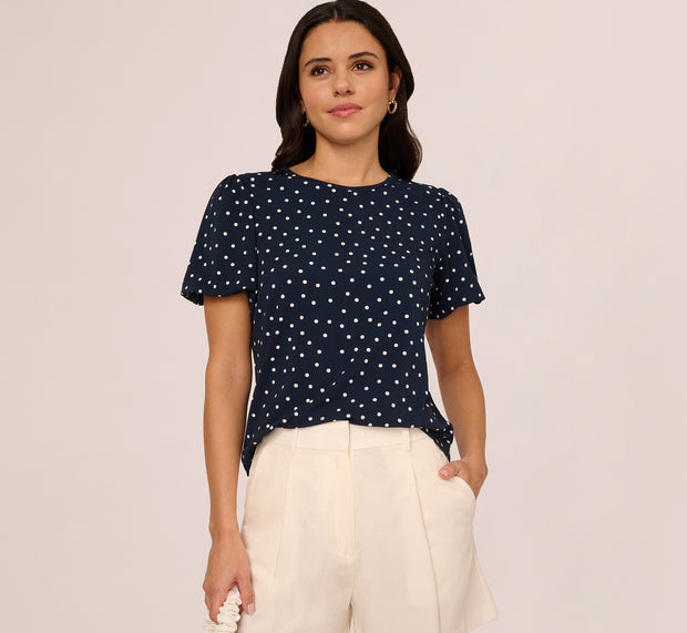 aidan mattox Short Bubble Sleeve Printed Top In Navy Disperse Dot