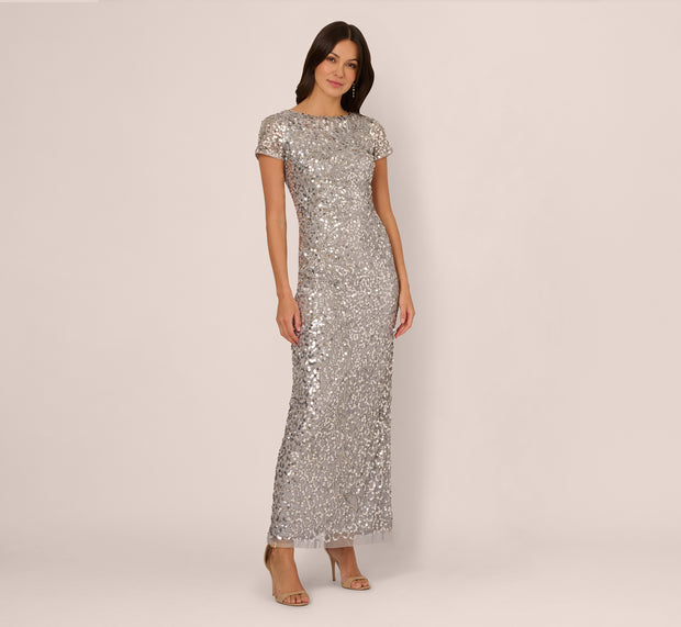 Aidan Mattox Short Sleeve Bead And Sequin Gown In Silver Mist