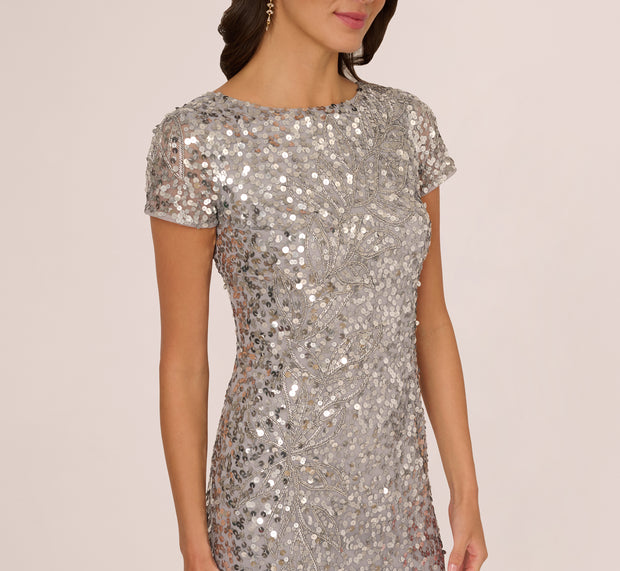 Aidan Mattox Short Sleeve Bead And Sequin Gown In Silver Mist