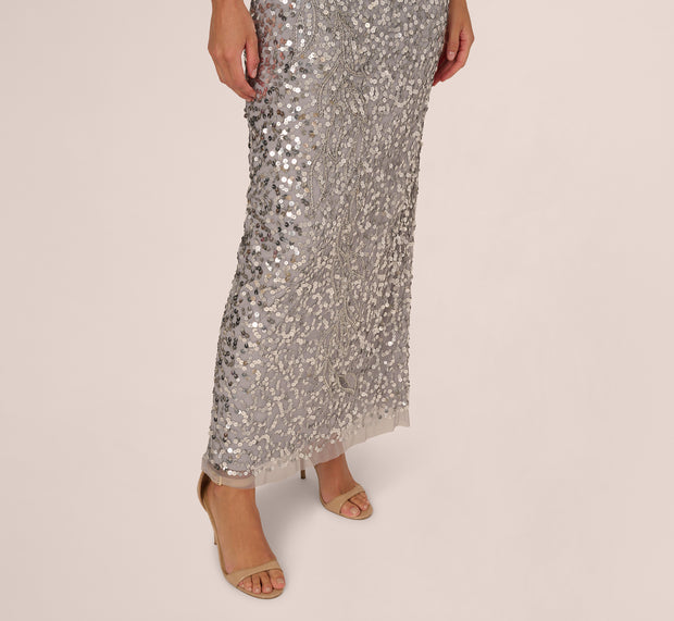 Aidan Mattox Short Sleeve Bead And Sequin Gown In Silver Mist