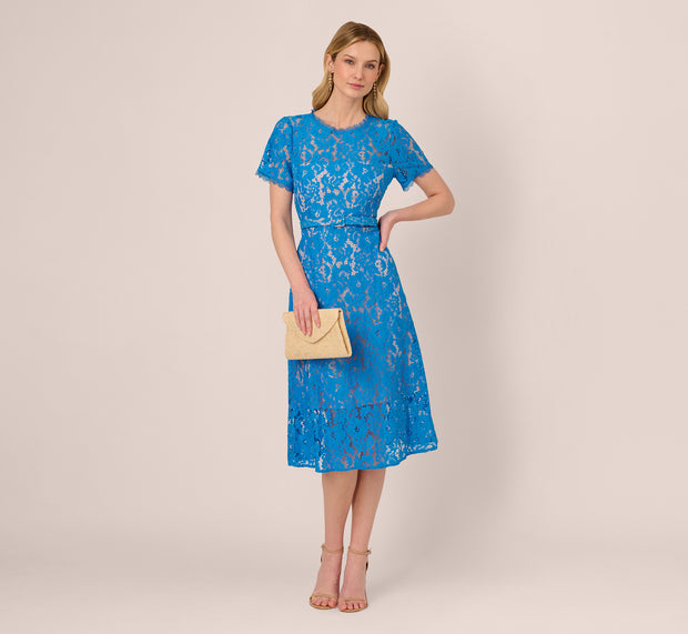 Aidan Mattox Short Sleeve Belted Lace Midi Dress In Blue Wave