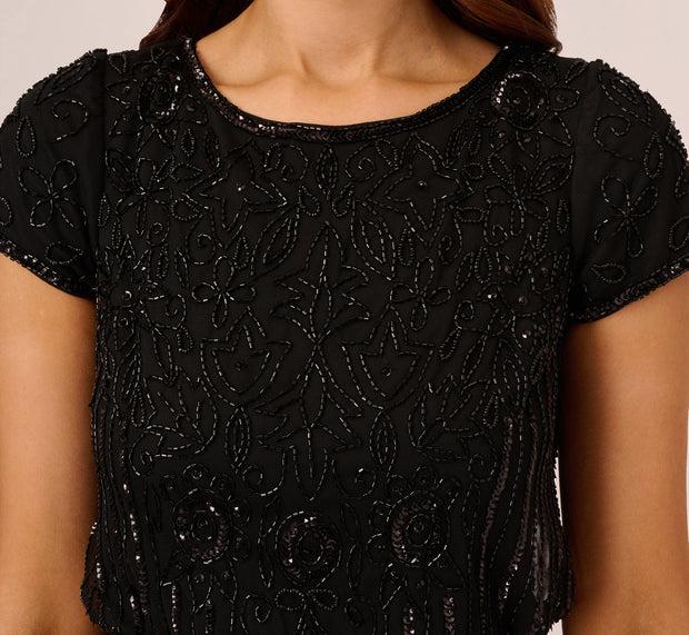 Aidan Mattox Short Sleeve Blouson Beaded Gown In Black