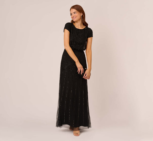 aidan mattox Short Sleeve Blouson Beaded Gown In Black