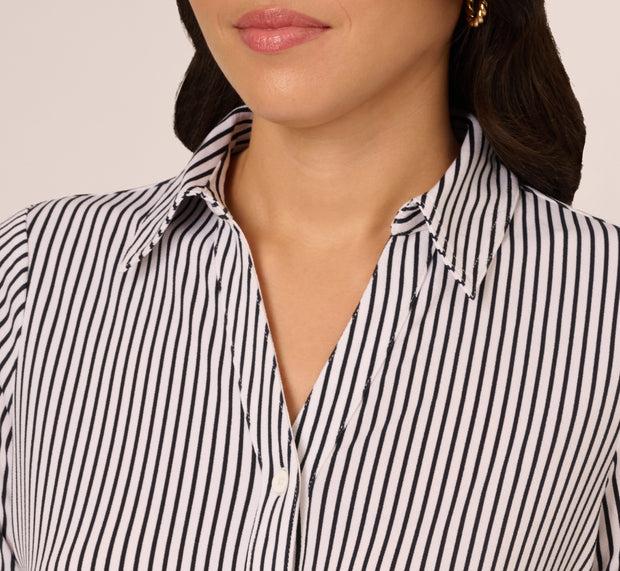 Aidan Mattox Short Sleeve Button Front Cropped Blouse In Ivory Navy Easy Stripe