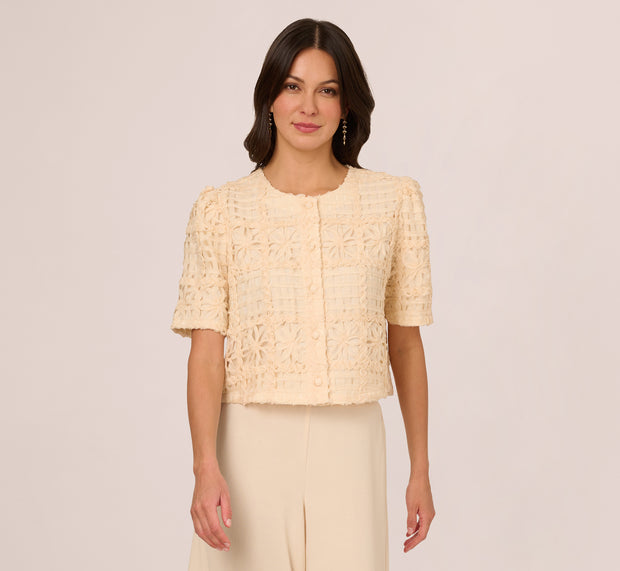 Aidan Mattox Short Sleeve Chiffon Soutache Jacket In Cannoli Cream
