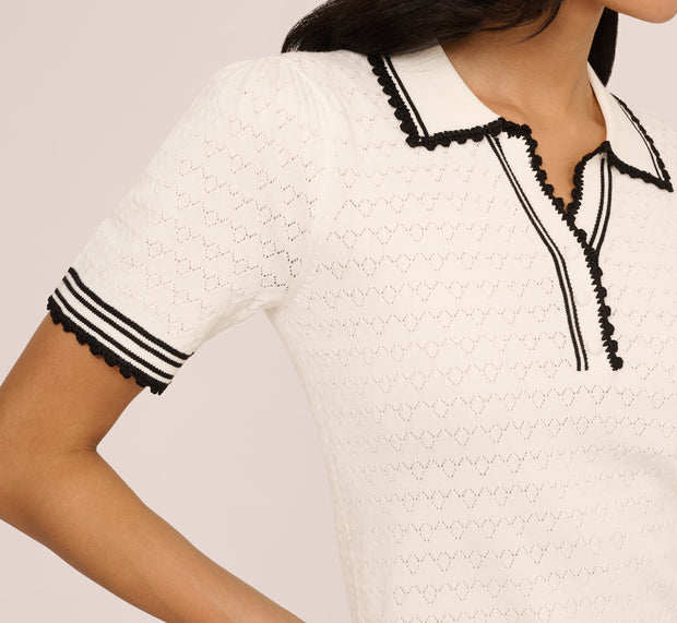 Aidan Mattox Short Sleeve Contrast Tipped Pointelle Polo Top In Ivory Black