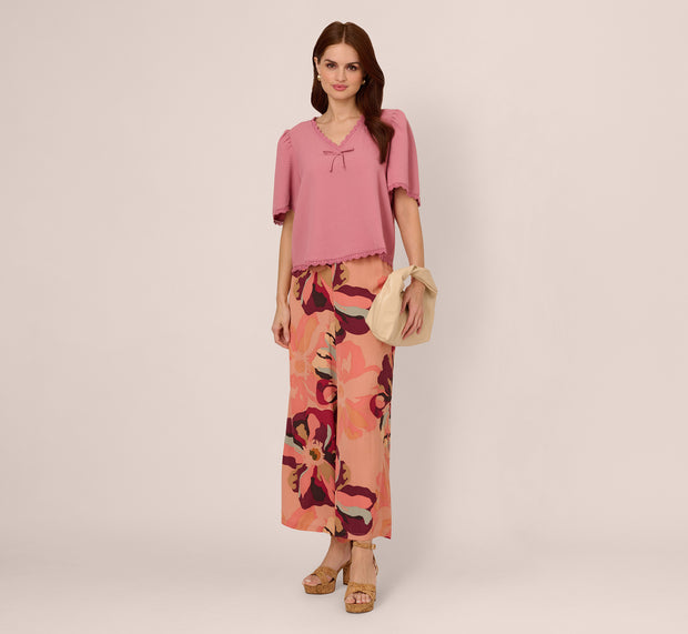 Aidan Mattox Short Sleeve Crochet Trim Top In Mesa Rose