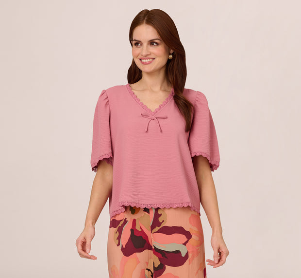 Aidan Mattox Short Sleeve Crochet Trim Top In Mesa Rose