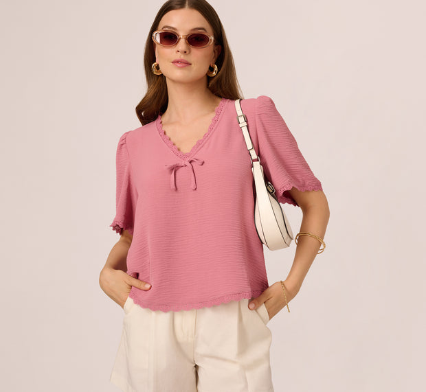 aidan mattox Short Sleeve Crochet Trim Top In Mesa Rose