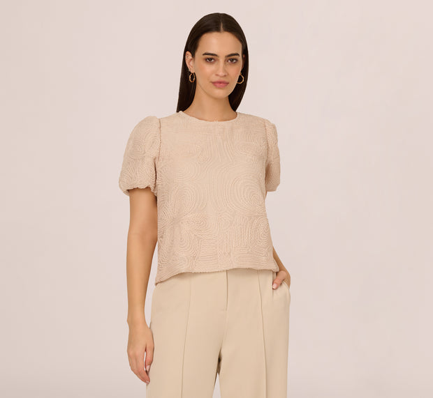Aidan Mattox Short Sleeve Embroidered Bubble Top In Light Apricot