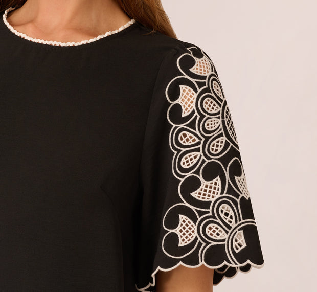Aidan Mattox Short Sleeve Embroidered Lace Top In Black Ivory