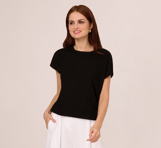 Aidan Mattox Short Sleeve Exposed Seam Pullover Sweater In Black