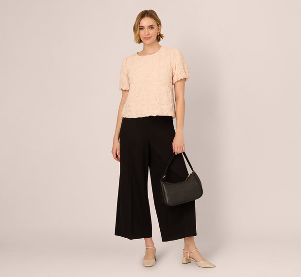 Aidan Mattox Short Sleeve Floral Crochet Texture Top In Sand Dollar