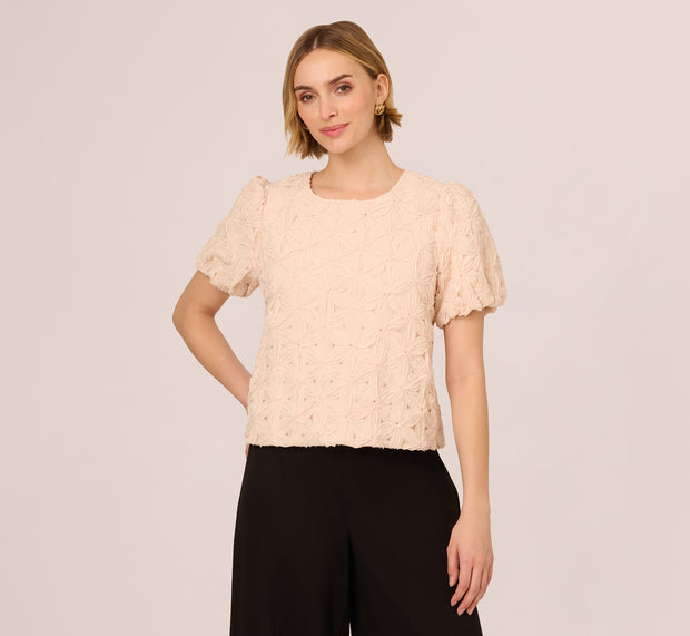 Aidan Mattox Short Sleeve Floral Crochet Texture Top In Sand Dollar