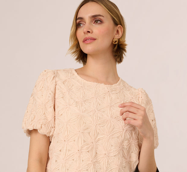 aidan mattox Short Sleeve Floral Crochet Texture Top In Sand Dollar aidan mattox Short Sleeve Floral Crochet Texture Top In Sand Dollar