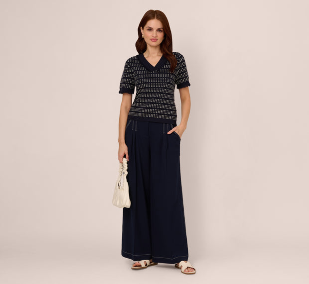 Aidan Mattox Short Sleeve Grid Knit Fringe Trim Sweater In Navy Ivory